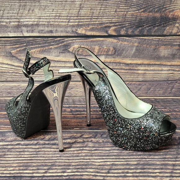 Black Platform heels with rainbow glitter. Silver heel. Size 7 from Deb. - Picture 3 of 8